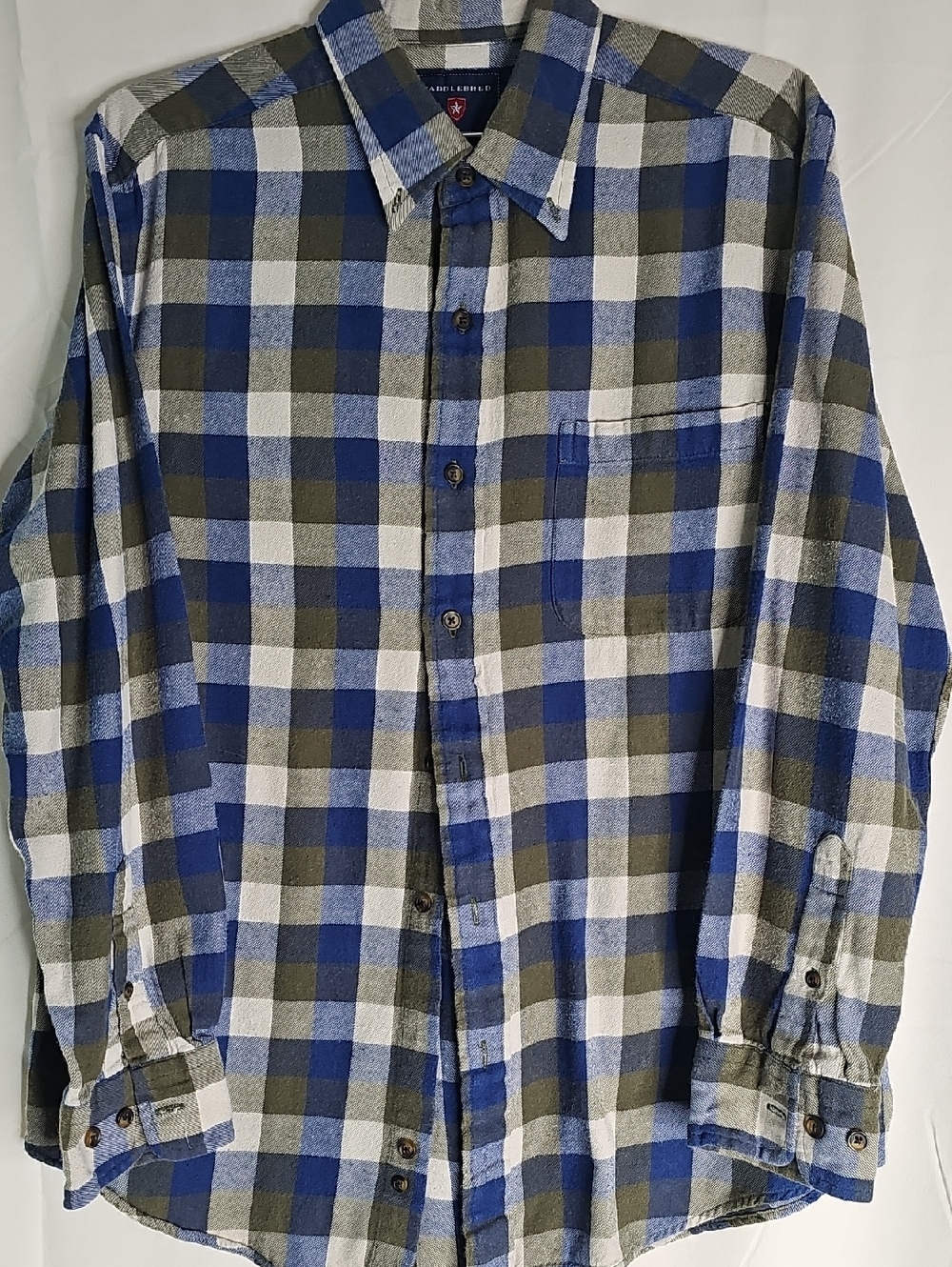Saddlebred Blue, Olive & White Plaid Button-Down Shirt